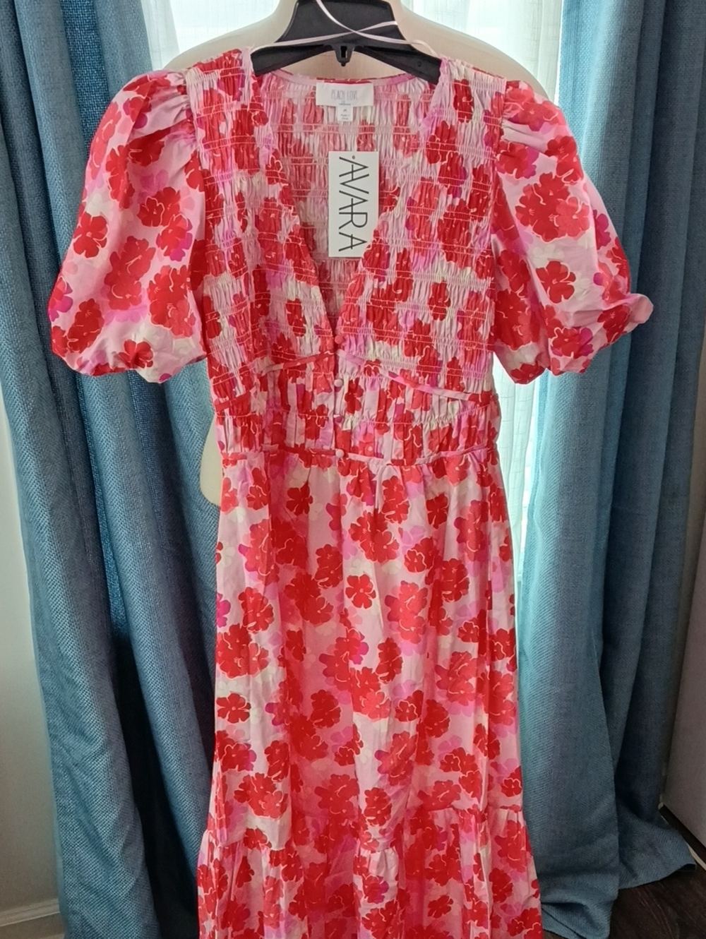 Peach Love California Pink and Red Floral Puff-Sleeve Maxi Dress